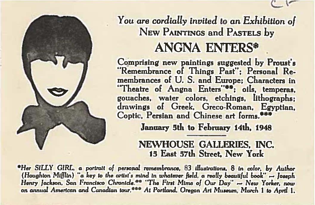 Image of an exhibition invitation to an Angna Enters exhibition at the Newhouse Galleries Inc. in New York, January 5th to February 14th, 1948.
