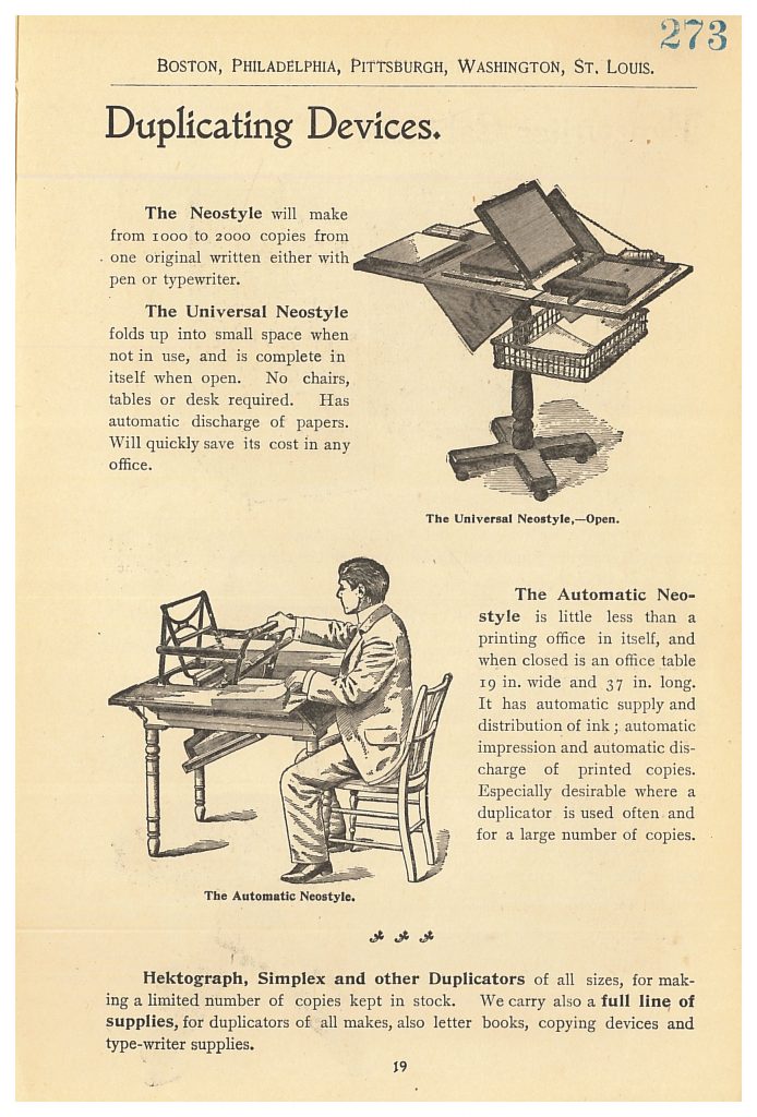 two Neostyle Duplicating Devices with a man sitting at the Automatic Neostyle Duplicating Device