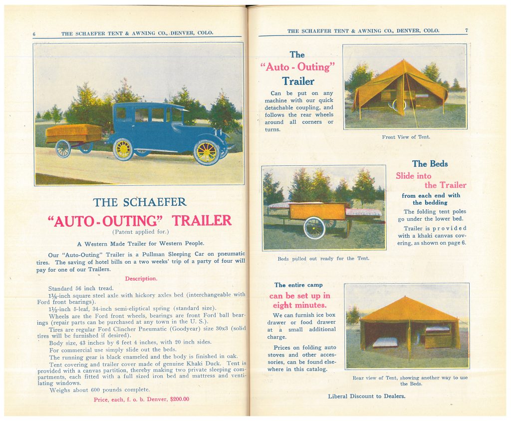 Schaefer "Auto-Outing" Trailer attached to vehicle and images of tent with beds set up