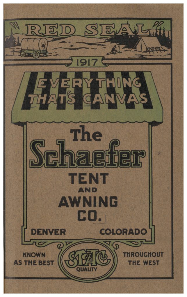 front cover of catalog showing a wagon and tent in one scene at top and a green and black awning in middle of page