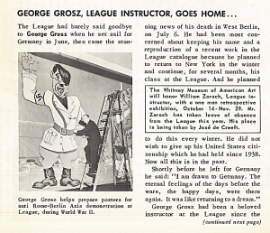 Section of the September to October 1959 Art Students League newsletter announcing George Grosz's passing.