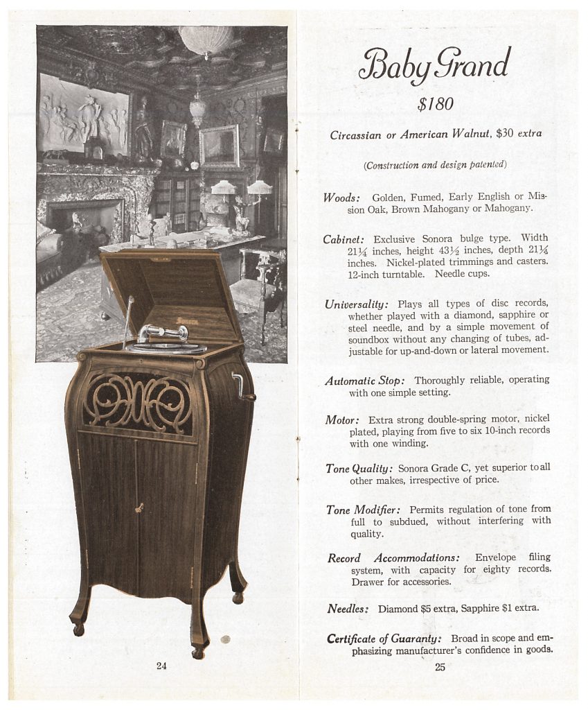 Baby Grand Sonora phonograph with an image of a room with desk, chairs, and fireplace behind it.