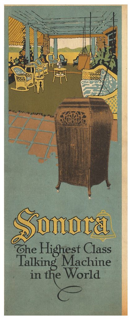 front cover of trade catalog showing a Sonora phonograph and large porch with chairs and sofa