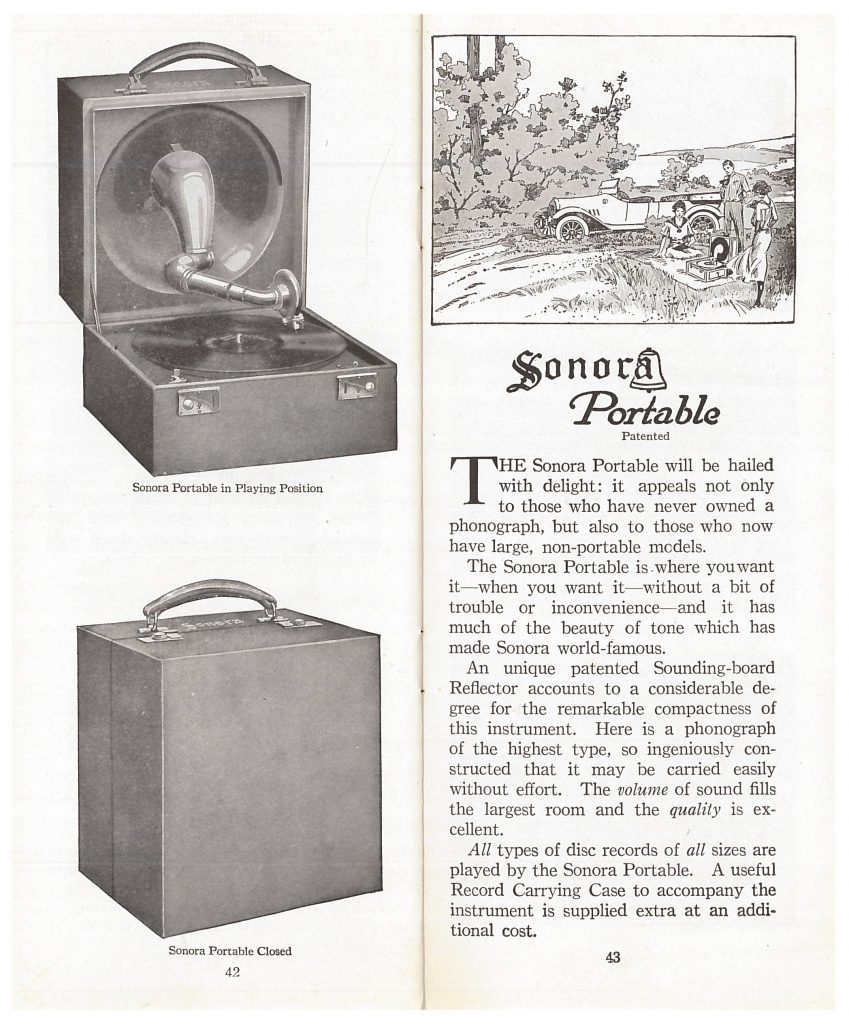 Sonora Portable phonograph, open view in playing position and closed view, and outdoor scene of people listening to a phonograph