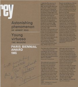 Image of the inside of a pamphlet for the 1966 show “In Search of an Ideal Landscape”. Handwritten note by Geoffrey reads: “With everlasting gratitude and best compliment to Jim Harithas” signed “Iqbal”.