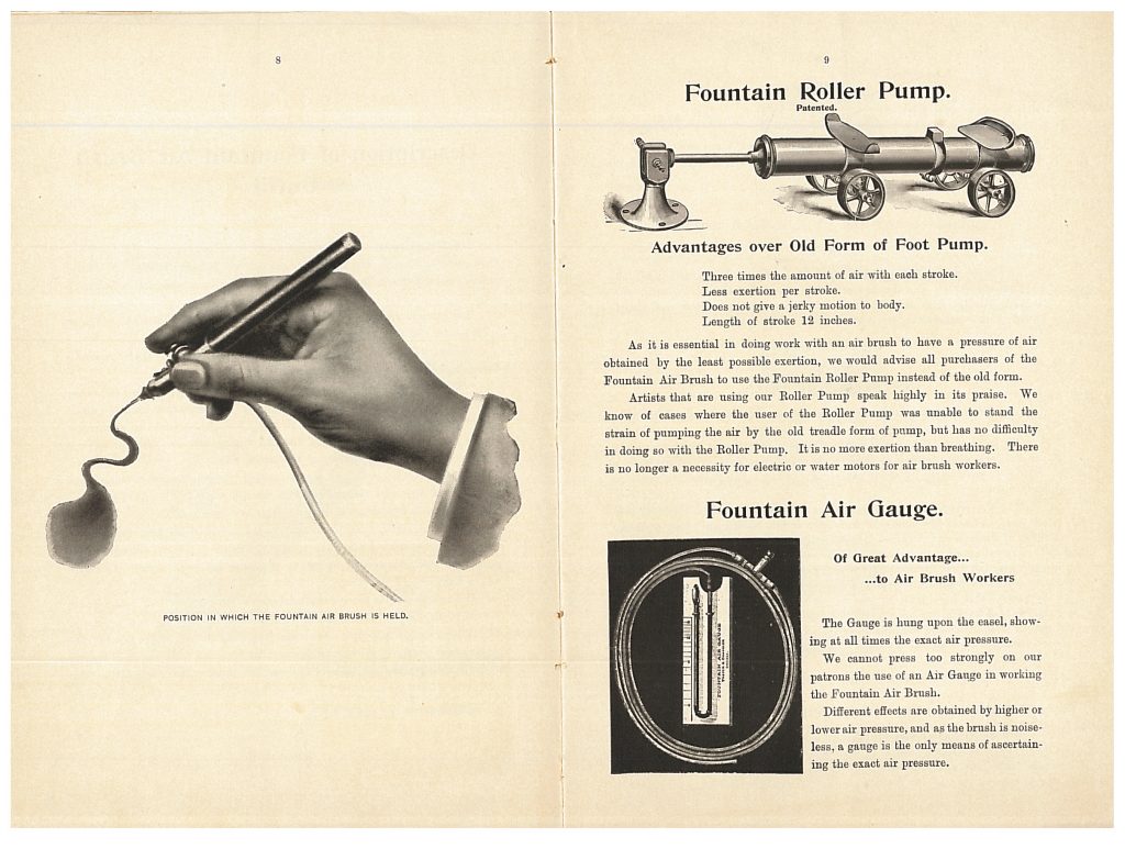 proper hand position to hold a Fountain Air Brush and, on opposite page, the Fountain Roller Pump and Fountain Air Gauge