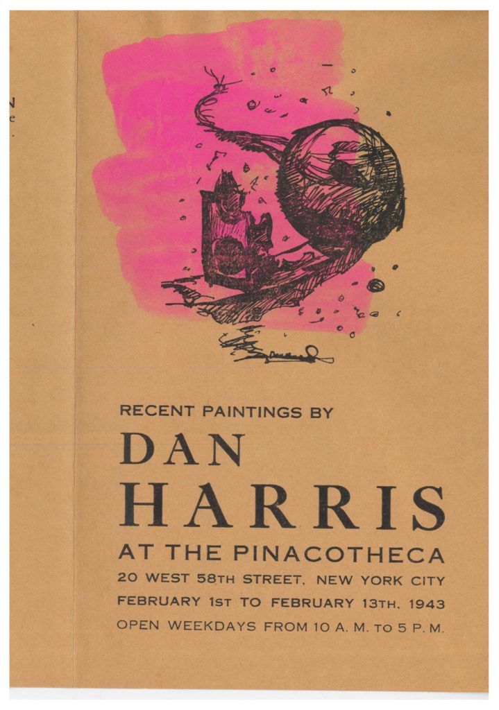 Image of the outside a pamphlet for the 1943 Dan Harris’s recent painting exhibition at the Pinacotheca Gallery in New York City with bright pink paint brushed on it.