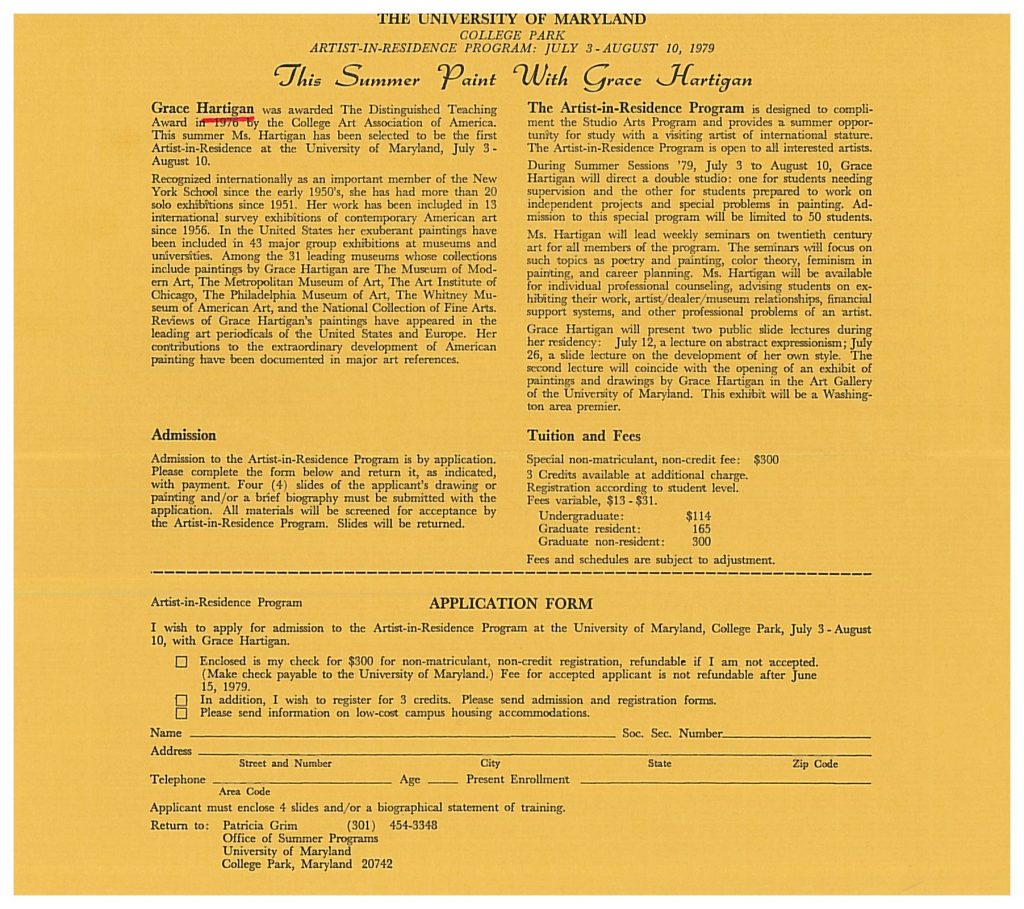 Top of the flyer of the Artist-In-Residence Program at University of Maryland: College Park in 1979 with Grace Hartigan