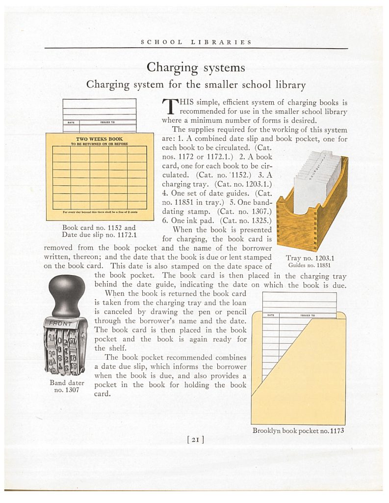 charging system supplies including book card and date due slip, charging tray with date guides, band dater, and book pocket