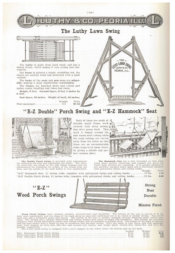 Luthy Lawn Swing, "E-Z Double" Porch Swing and "E-Z Hammock" Seat, and "E-Z" Wood Porch Swing