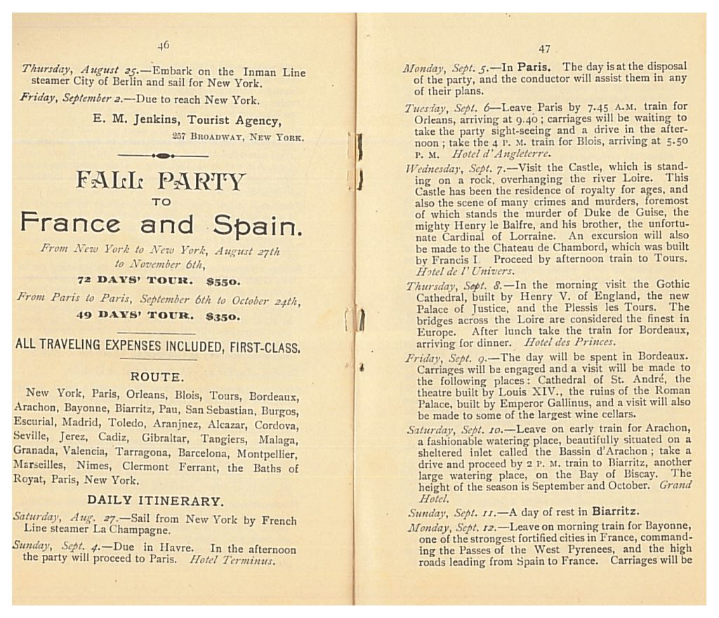 Fall Party to France and Spain Itinerary for August 27 to September 12, 1892