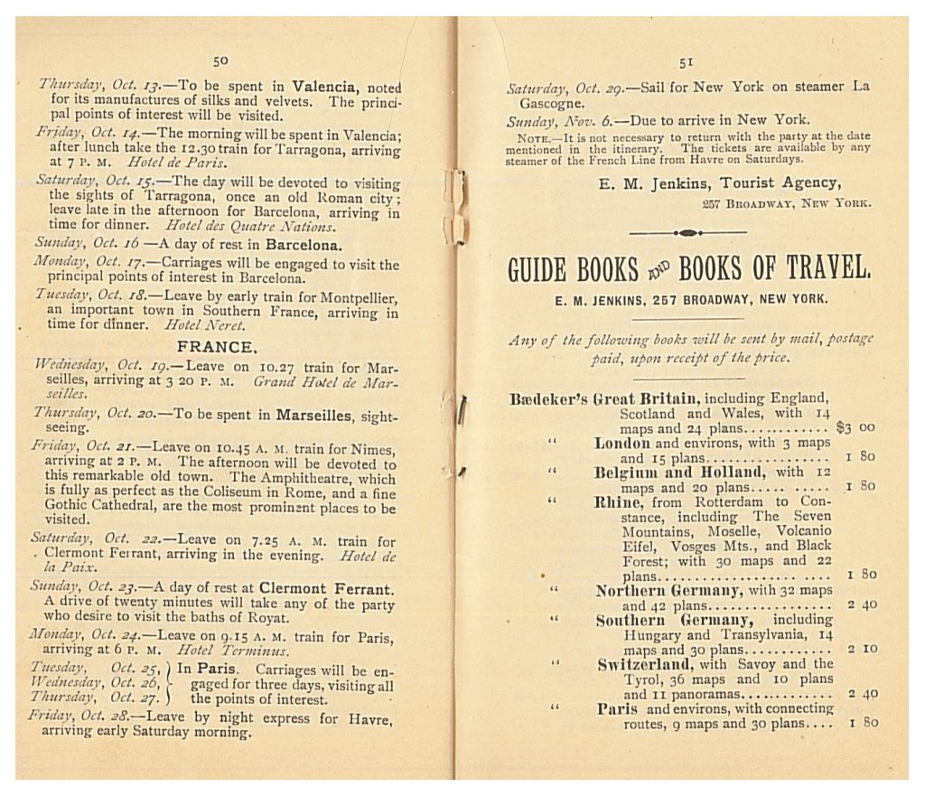 Fall Party to France and Spain Itinerary for October 13 to November 6, 1892 and a list of guidebooks