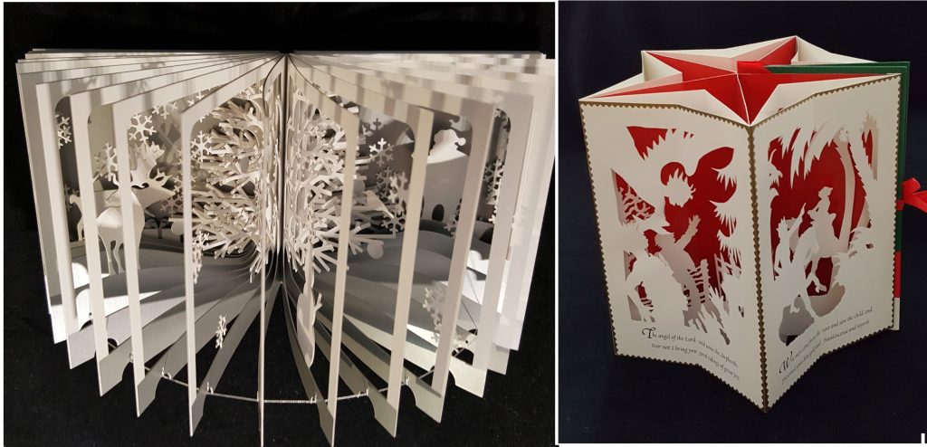 Left: Image features Snowy world : 360° book by Yusuke Oono. Right: The first Noël : a Christmas carousel by Jan Pienkowski .