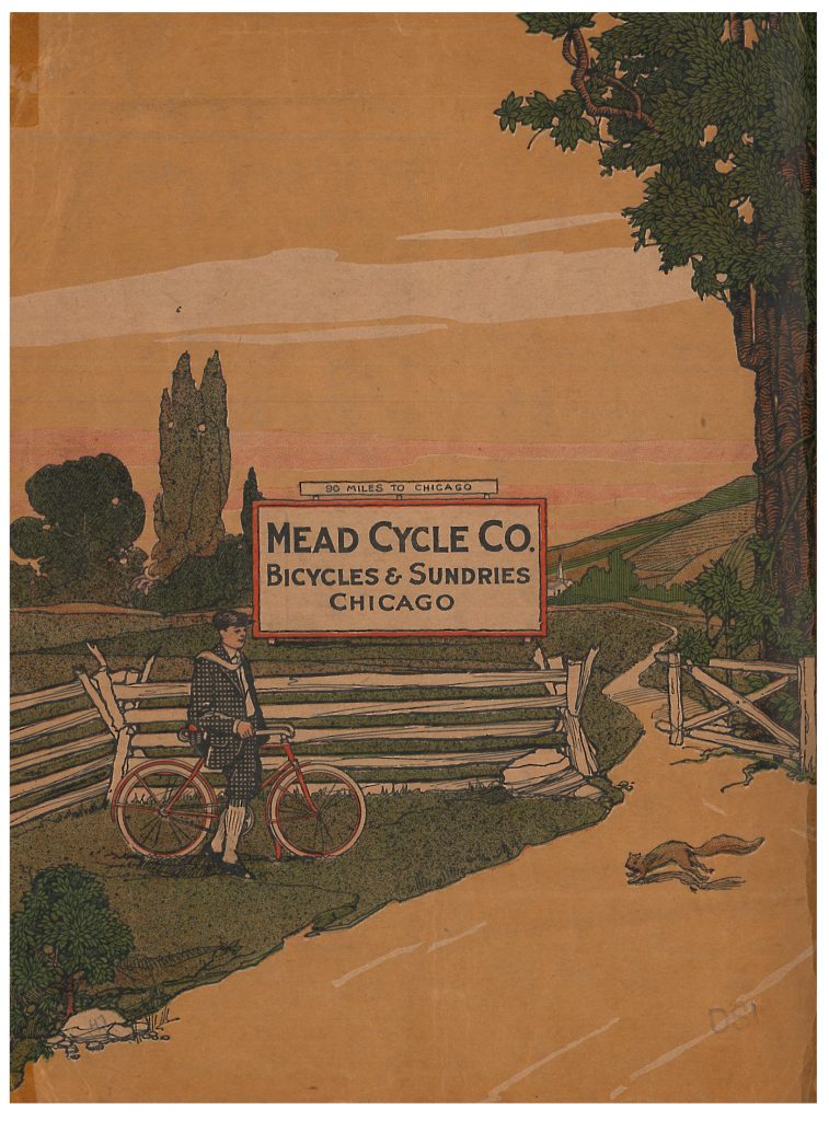 Back cover of catalog showing a man with his bicycle resting on the side of a road while a squirrel crosses