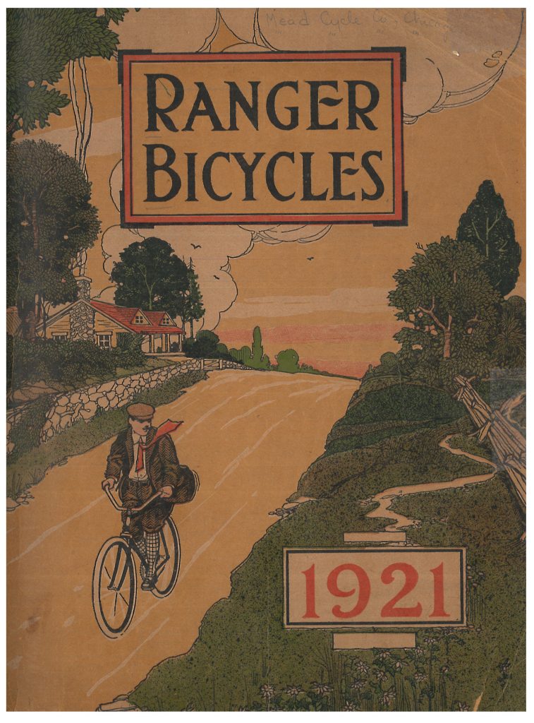 front cover of Ranger Bicycles 1921 catalog showing a man riding a bicycle down a road