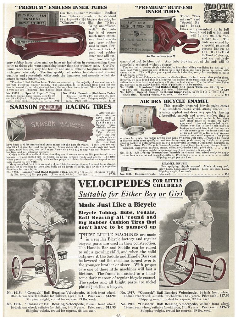 A boy and girl each riding velocipedes and images of inner tubes, racing tires, and bicycle enamel