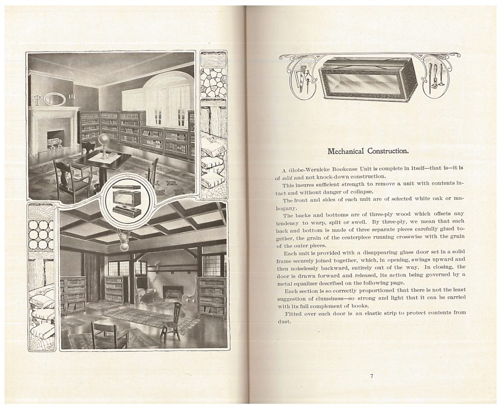 two library interiors using "Elastic" Bookcase System and explanation of construction of units