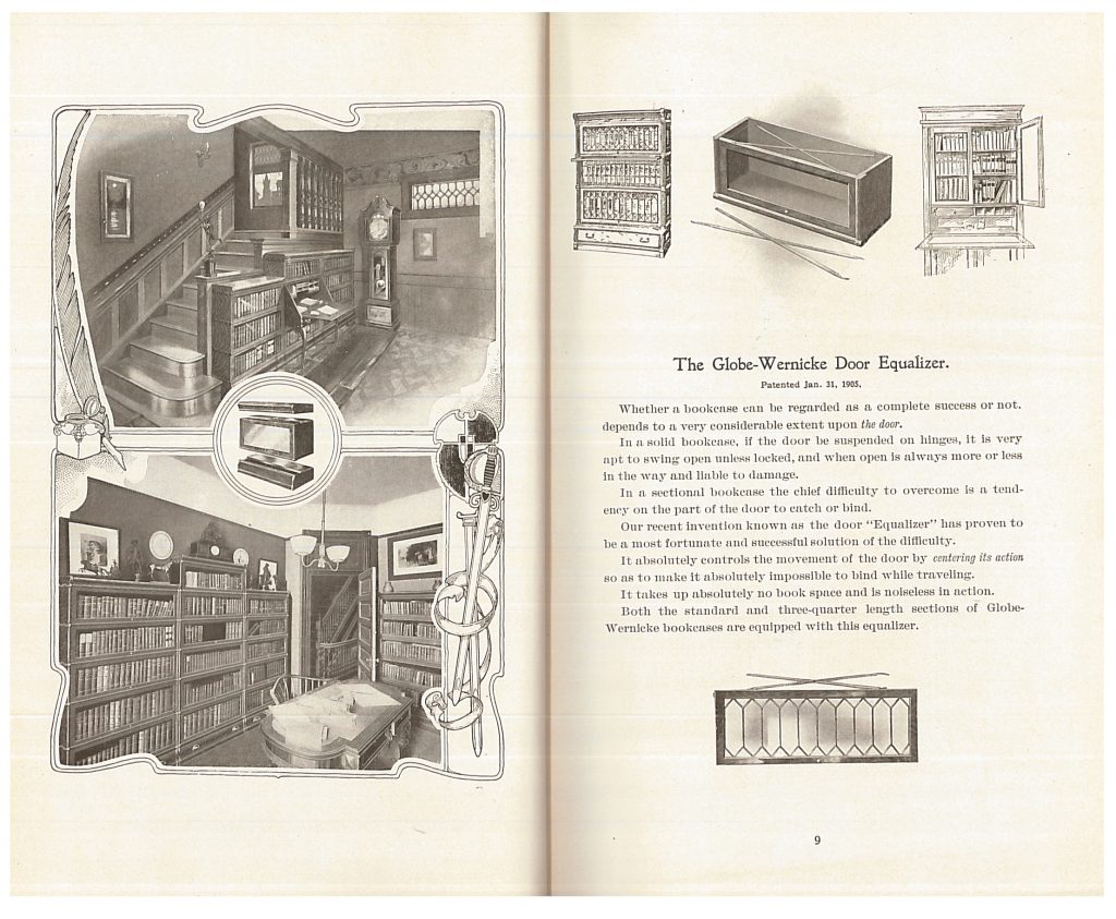 two library interiors using the "Elastic" Bookcase System and view of the Door Equalizer