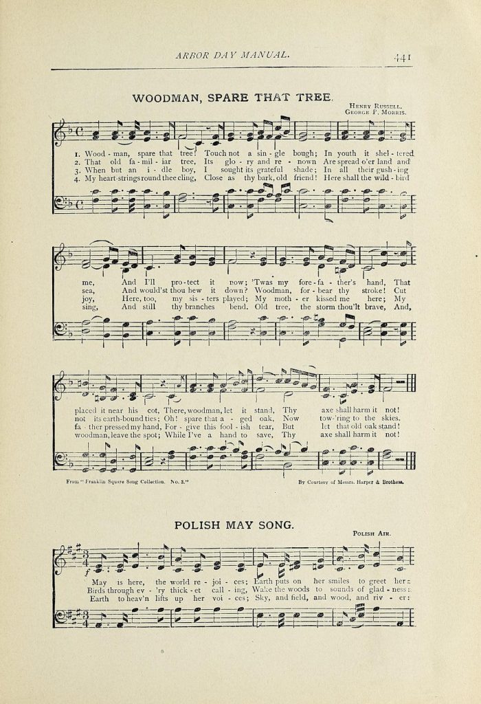 Music and lyrics for "Woodman, Spare that Tree" and "Polish May Song" from Arbor Day Manual. 