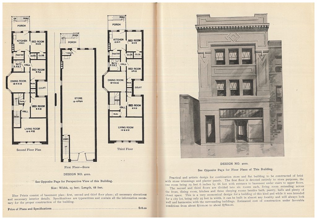 perspective view and floor plans of three story building with store on first floor and flats on second and third floors