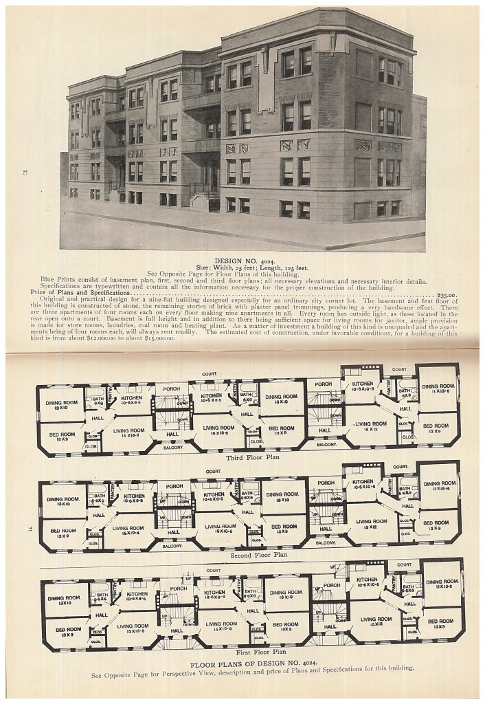 perspective view and floor plans of three story apartment building with basement