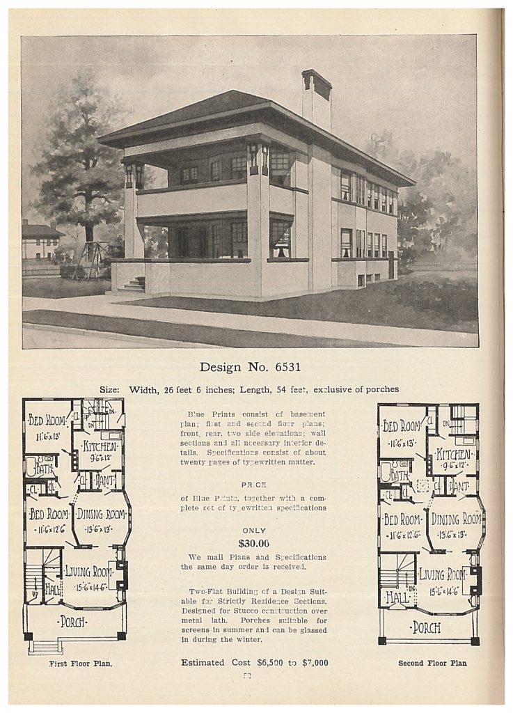 perspective view and floor plans of two story flat building