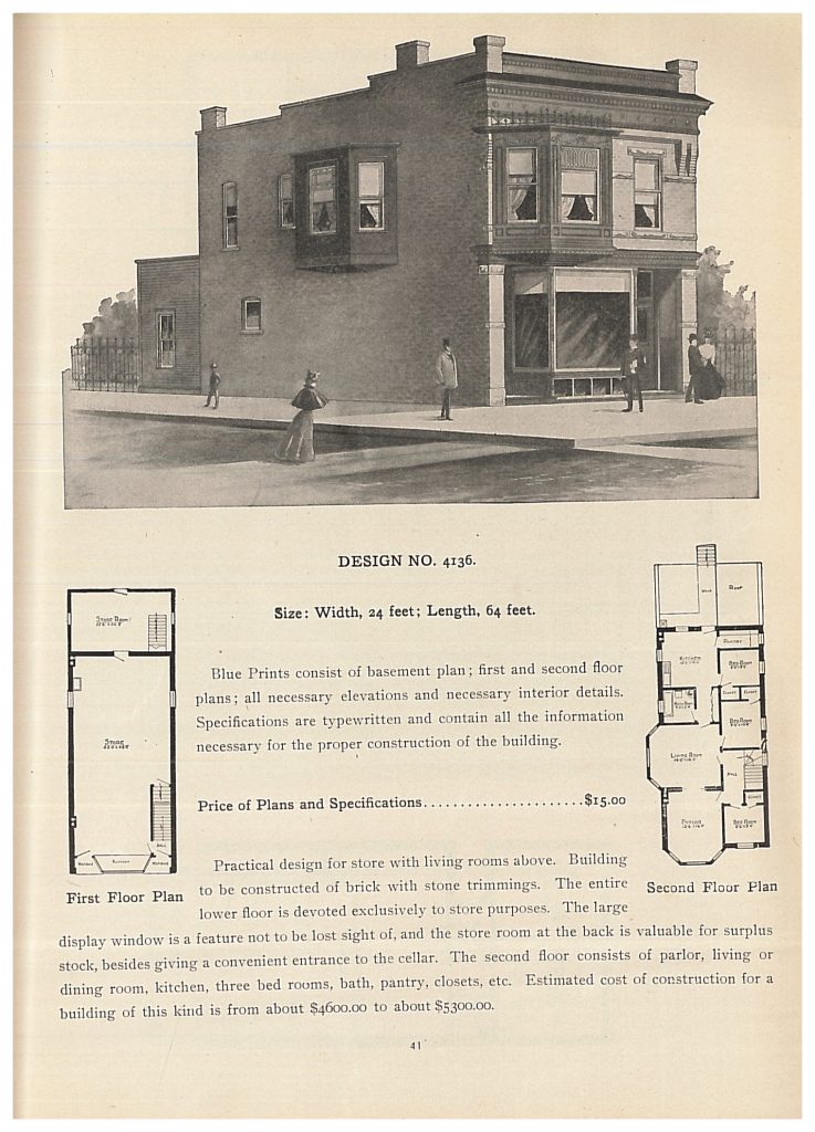 perspective view and floor plans for a two story building with store and living space