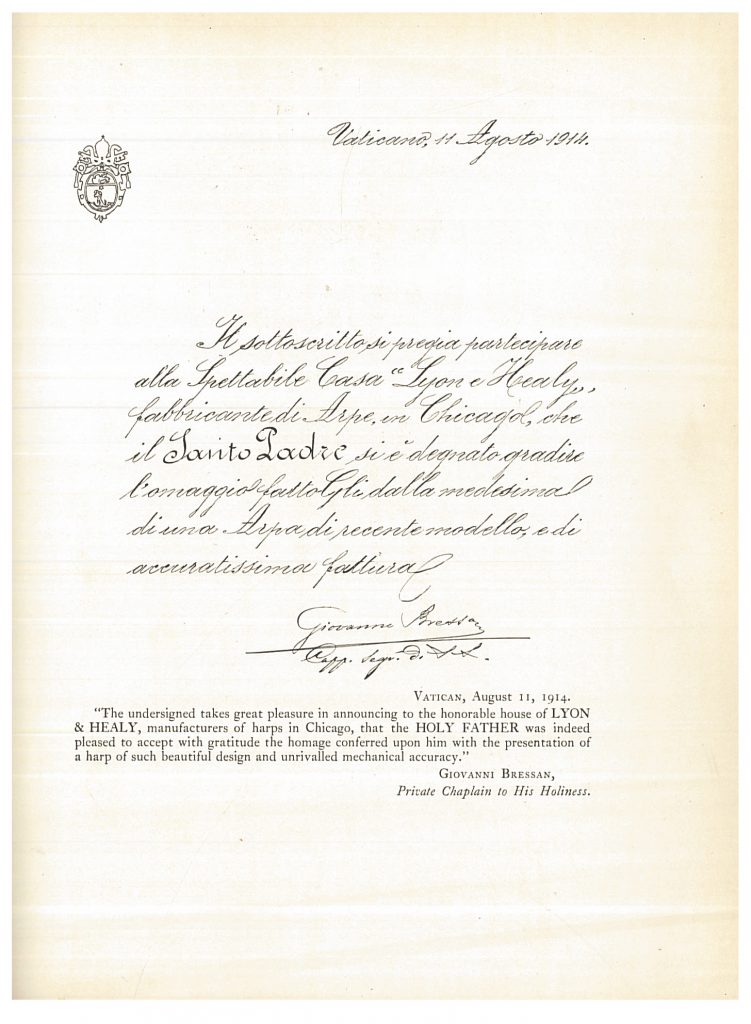 Letter of Appreciation from the Vatican dated August 11, 1914 for the presentation of a harp