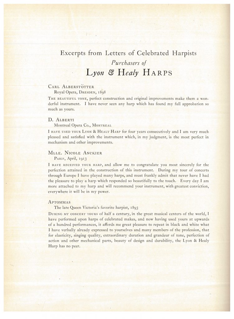 testimonials and excerpts from letters of harpists using the Lyon & Healy Harp