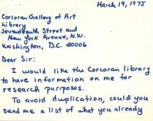 Scan of a note card addressed to the Corcoran Gallery of Art from Lee Krasner offerings a list of articles that provide information about her. Dated March 19, 1975.