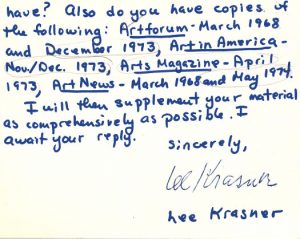 Scan of a note card addressed to the Corcoran Gallery of Art from Lee Krasner offerings a list of articles that provide information about her. Dated March 19, 1975.