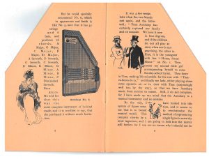 Autoharp No. 6 and scenes from the story of the lady playing an autoharp and the dealer and father speaking