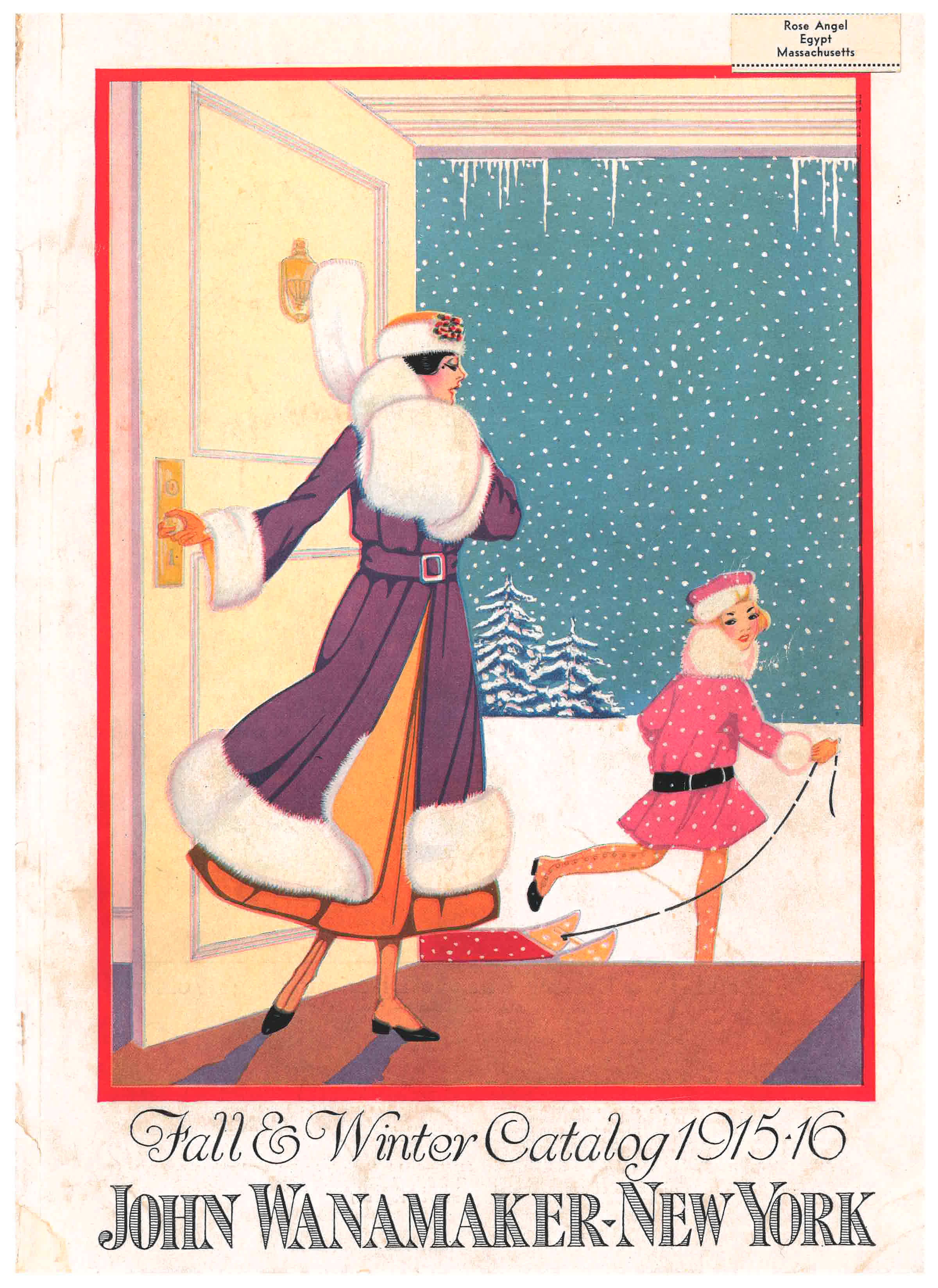 front cover of trade catalog showing lady and girl pulling sled walking outdoors into a snowy landscape