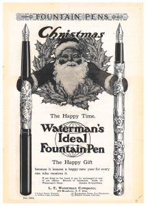 Santa holding Waterman's Ideal Fountain Pens in December 1903 Christmas advertisement