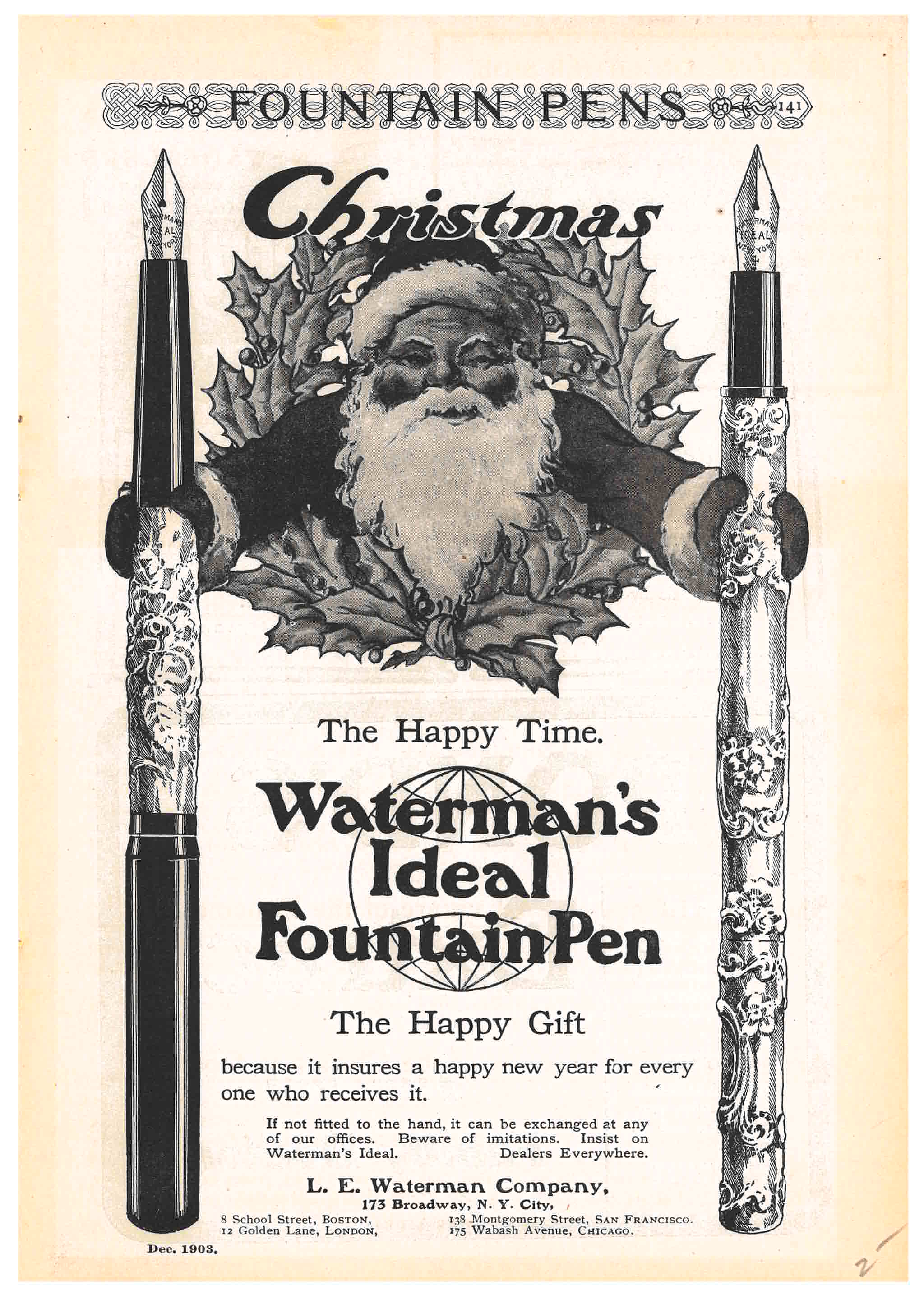 Santa holding Waterman's Ideal Fountain Pens in December 1903 Christmas advertisement