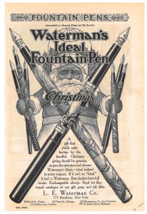 Santa holding Waterman's Ideal Fountain Pens in December 1904 Christmas advertisement