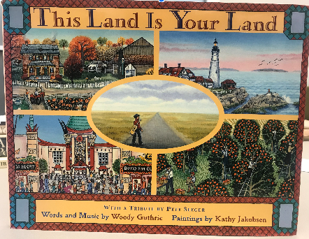 Book cover with various American scenes. 