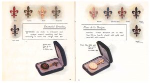 enameled brooches in Fleur de lis designs and two brooch-watches in velvet boxes