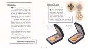 Guarantee (left page) and four-leaf clover enameled brooch designs with two brooch-watches in velvet boxes (right page)