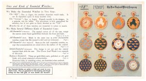 description of watch sizes and types of enameled cases (left page) and All-Enameled (Dull Repousse) "Elf" size watches (right page)