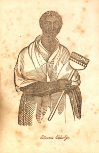 Black and white print of African American woman holding long, broom-like brush.