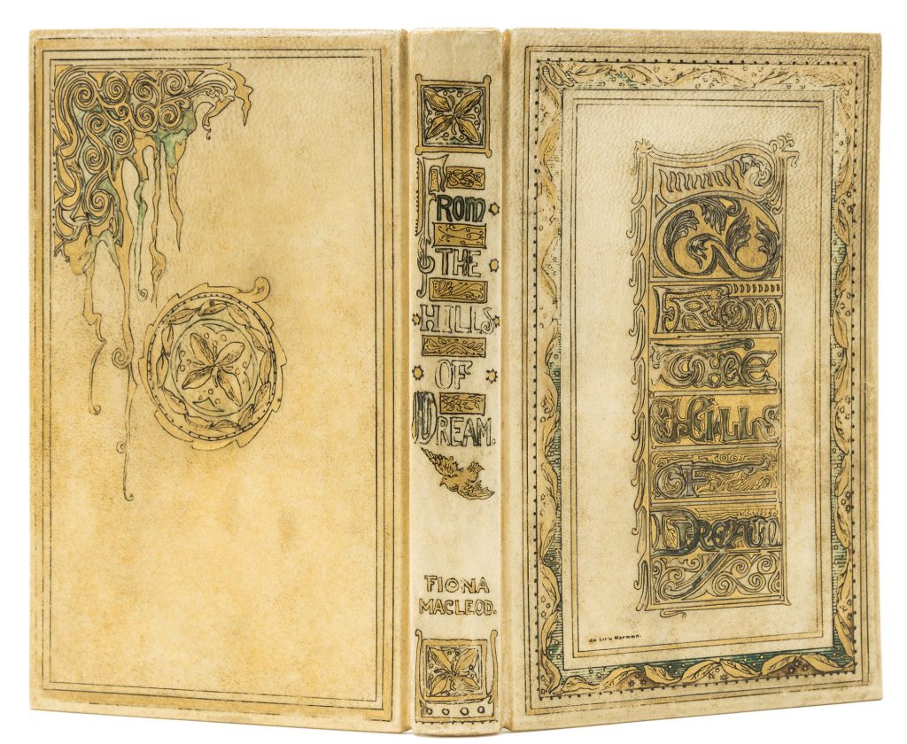 Opened book with ornate white velum binding. 