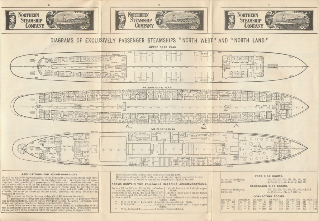 diagram of plans for Upper Deck, Saloon Deck, and Main Deck for steamships "North West" and "North Land"