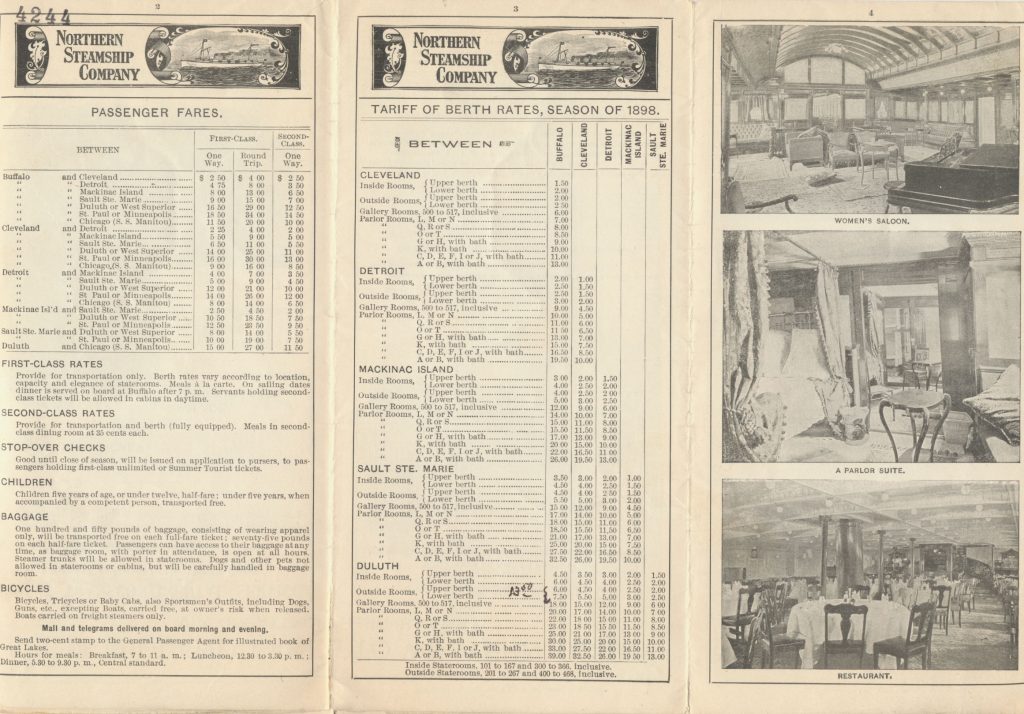 passenger fares, tariff of berth rates for season of 1898, and images of Women's Saloon, Parlor Suite, and Restaurant