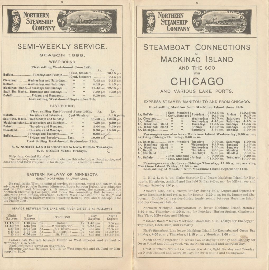 semi-weekly service for 1898 season and connections for railroads and steamboats