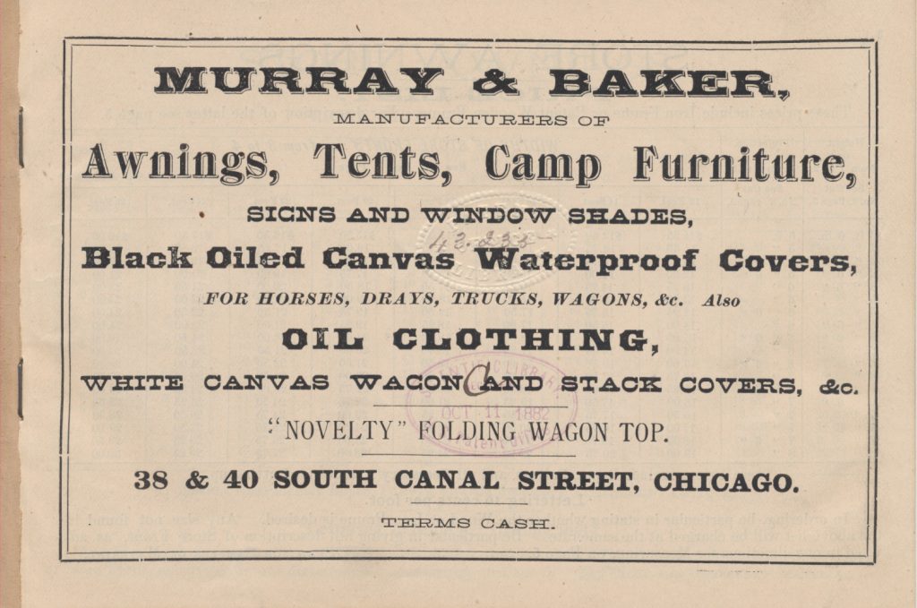 title page of trade catalog, Awnings and Tents, Signs and Banners by Murray & Baker