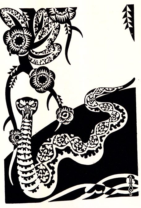 Black and white illustration of snake and flowers. 