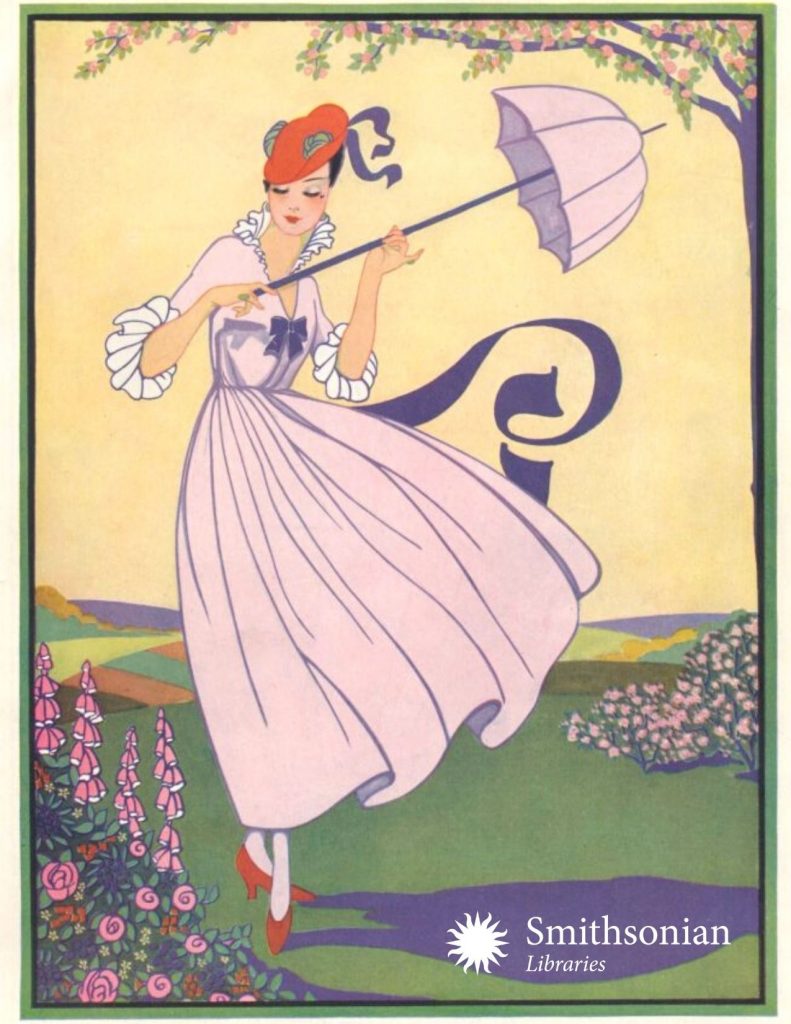 Illustration of woman in pink dress holding matching umbrella.