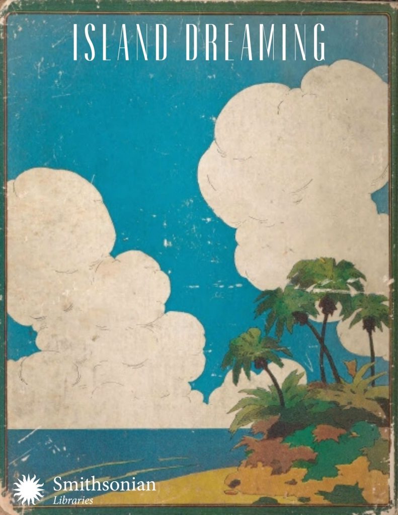 Illustration of island with palm tree, blue skies and clouds. 