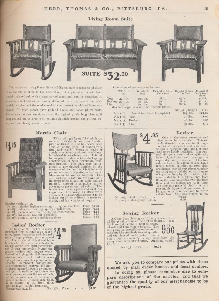 three-piece Living Room Suite consisting of rocker, tete, and chair, a Morris Chair, Rocker, Ladies' Rocker, and Sewing Rocker